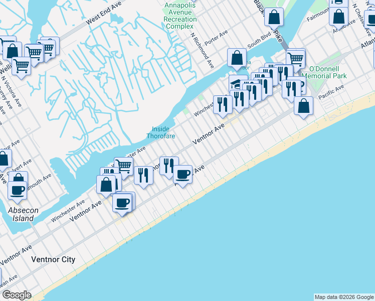 map of restaurants, bars, coffee shops, grocery stores, and more near in Atlantic City