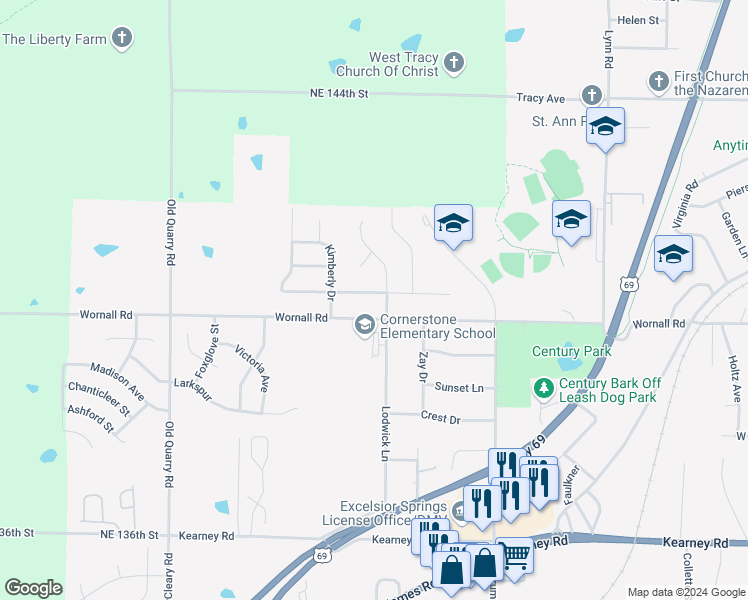 map of restaurants, bars, coffee shops, grocery stores, and more near 1903 Karlton Way in Excelsior Springs