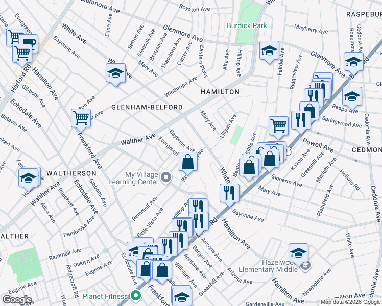 map of restaurants, bars, coffee shops, grocery stores, and more near 3823 Bayonne Avenue in Baltimore