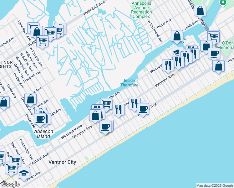 map of restaurants, bars, coffee shops, grocery stores, and more near 4904 Winchester Avenue in Ventnor City