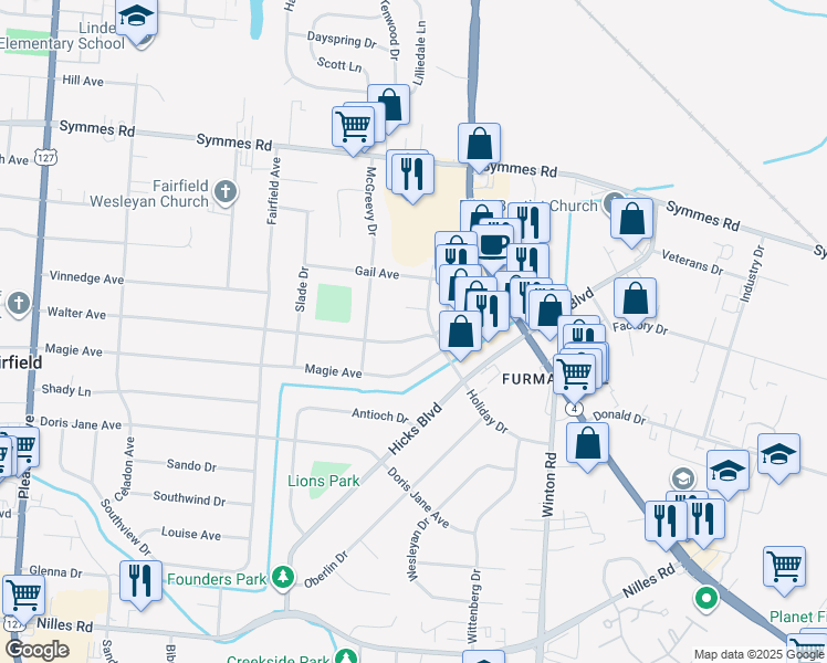 map of restaurants, bars, coffee shops, grocery stores, and more near 1050 Walter Avenue in Fairfield