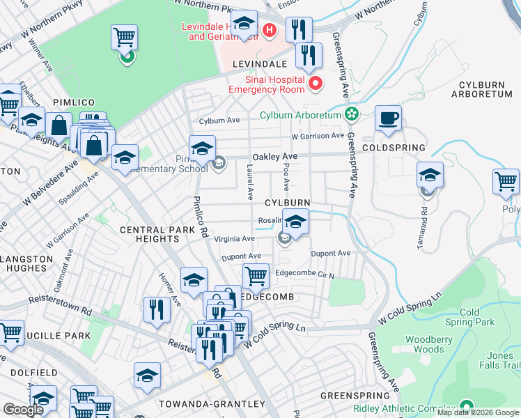 map of restaurants, bars, coffee shops, grocery stores, and more near 2817 Woodland Avenue in Baltimore