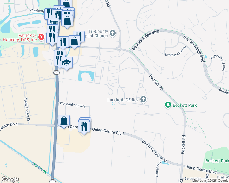 map of restaurants, bars, coffee shops, grocery stores, and more near 5062 Huntington Circle in Beckett Ridge
