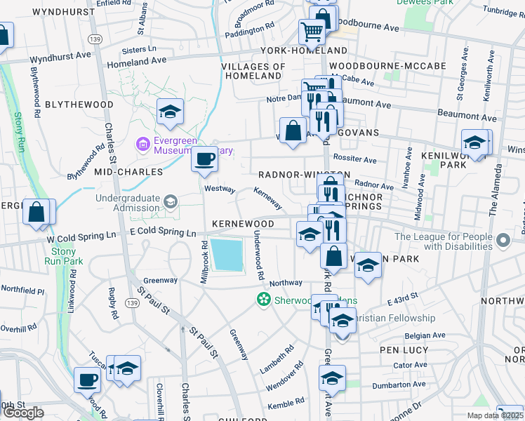 map of restaurants, bars, coffee shops, grocery stores, and more near 300 East Cold Spring Lane in Baltimore