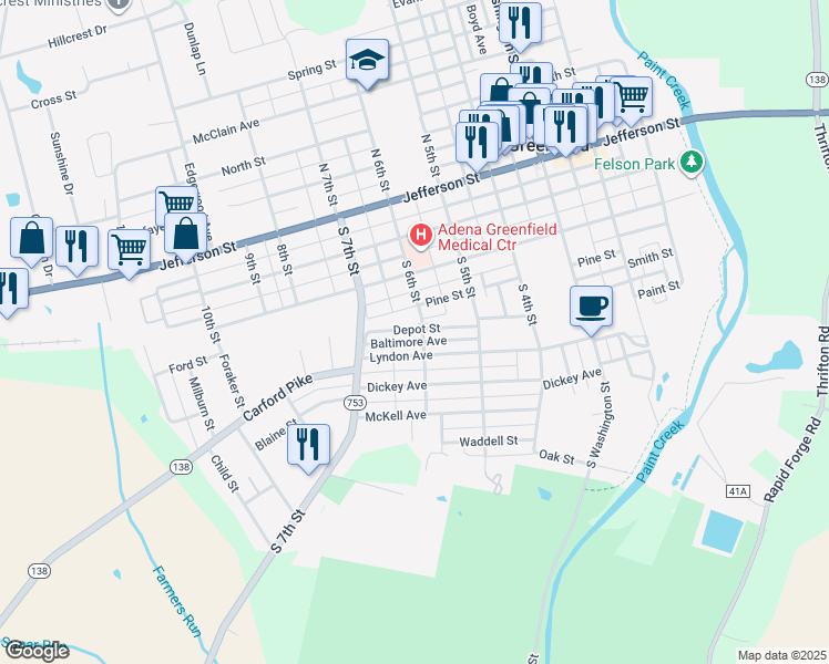 map of restaurants, bars, coffee shops, grocery stores, and more near 610 Depot Street in Greenfield