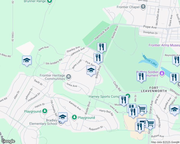 map of restaurants, bars, coffee shops, grocery stores, and more near 1 MacArthur Loop in Fort Leavenworth