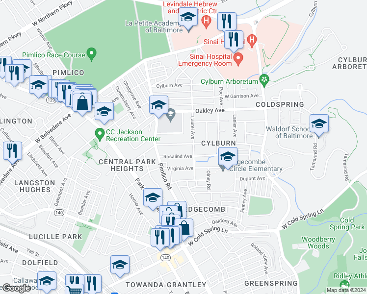 map of restaurants, bars, coffee shops, grocery stores, and more near 2909 Woodland Avenue in Baltimore