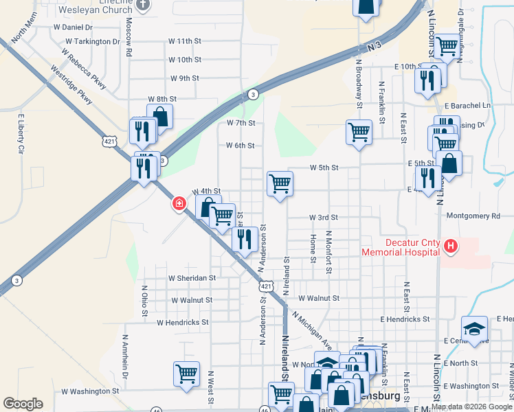 map of restaurants, bars, coffee shops, grocery stores, and more near 1001 North Anderson Street in Greensburg