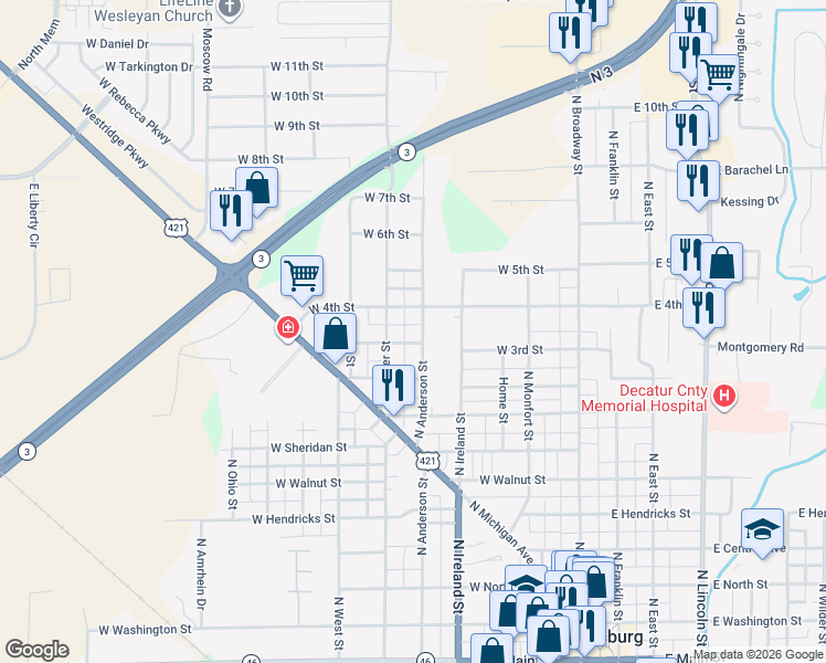 map of restaurants, bars, coffee shops, grocery stores, and more near 1001 North Anderson Street in Greensburg