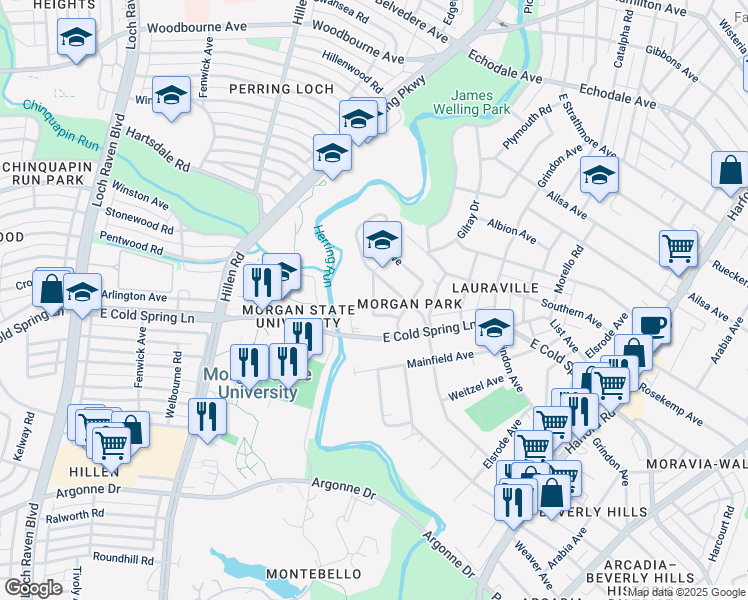 map of restaurants, bars, coffee shops, grocery stores, and more near 2411 College Avenue in Baltimore