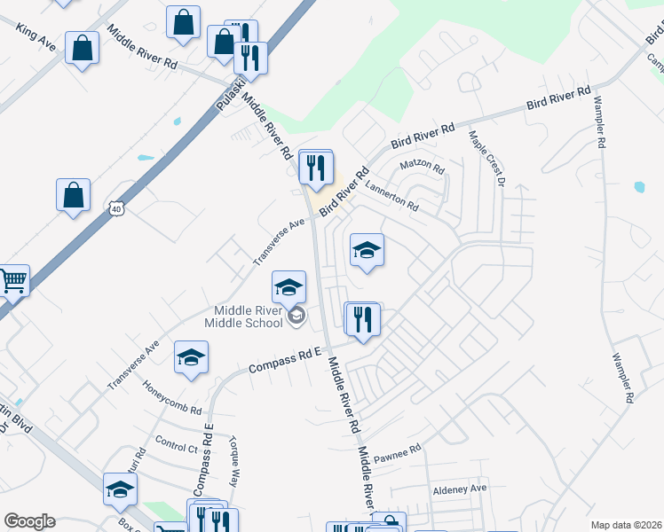 map of restaurants, bars, coffee shops, grocery stores, and more near 864 Lowe Road in Middle River