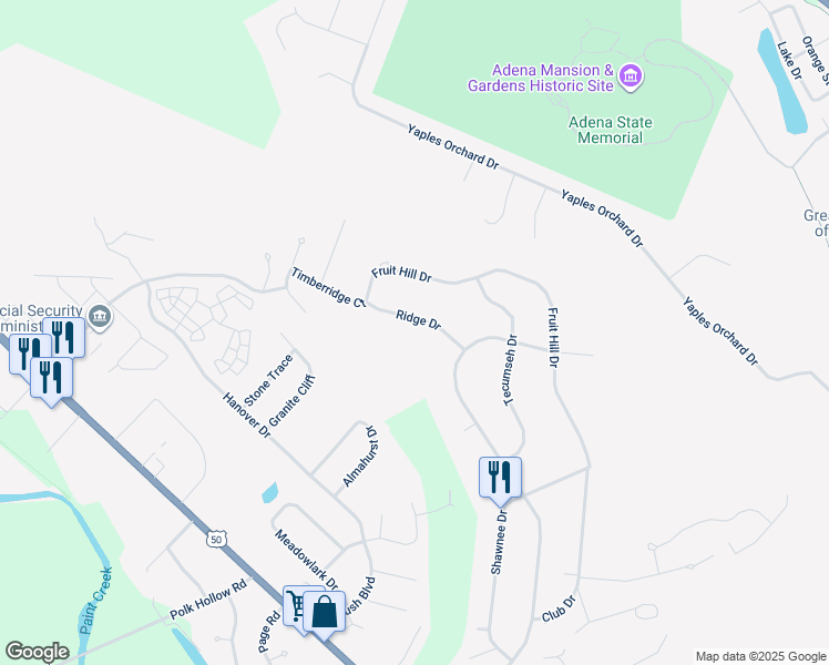 map of restaurants, bars, coffee shops, grocery stores, and more near 8 Ridge Drive in Chillicothe