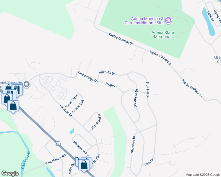 map of restaurants, bars, coffee shops, grocery stores, and more near 8 Ridge Drive in Chillicothe