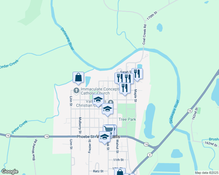 map of restaurants, bars, coffee shops, grocery stores, and more near 309 Oak Street in Valley Falls