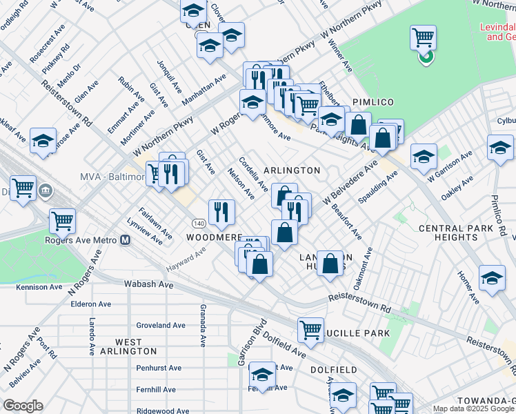 map of restaurants, bars, coffee shops, grocery stores, and more near 3821 Hayward Avenue in Baltimore
