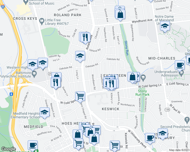 map of restaurants, bars, coffee shops, grocery stores, and more near 205 Woodlawn Road in Baltimore