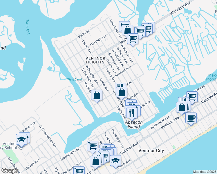 map of restaurants, bars, coffee shops, grocery stores, and more near 410 North Dorset Avenue in Ventnor City