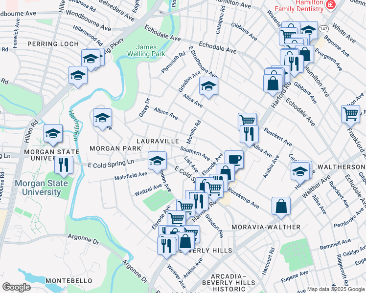 map of restaurants, bars, coffee shops, grocery stores, and more near 2608 Southern Avenue in Baltimore