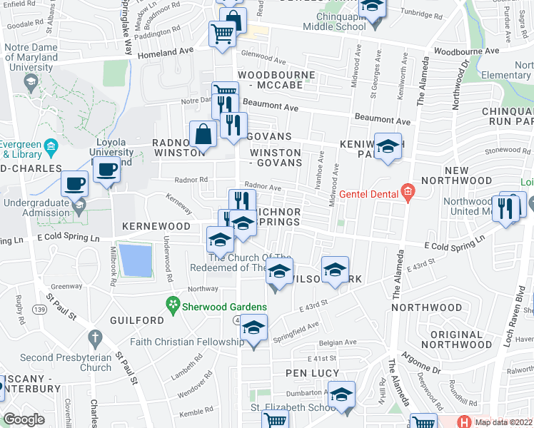 map of restaurants, bars, coffee shops, grocery stores, and more near 4738 Old York Road in Baltimore