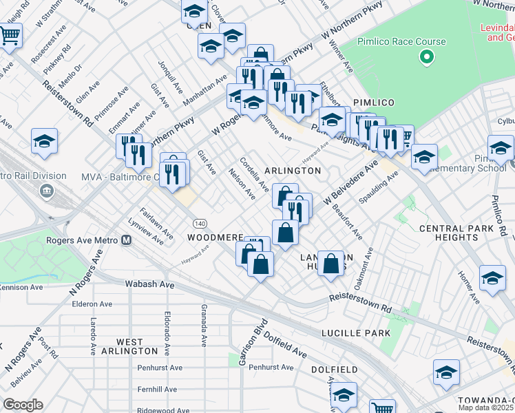 map of restaurants, bars, coffee shops, grocery stores, and more near 3821 Hayward Avenue in Baltimore