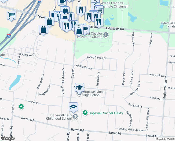 map of restaurants, bars, coffee shops, grocery stores, and more near 7871 Kingsgate Way in Butler County