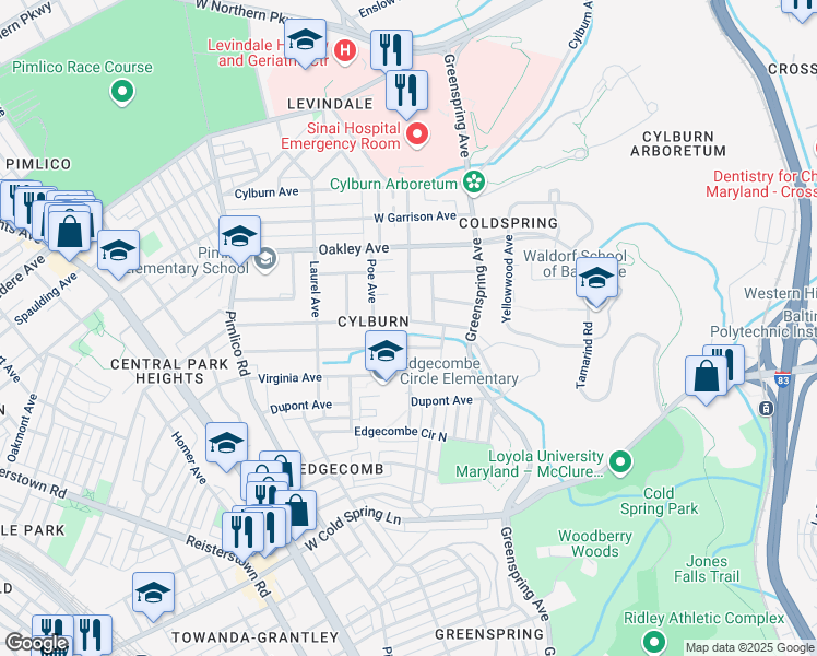 map of restaurants, bars, coffee shops, grocery stores, and more near 2701 Woodland Avenue in Baltimore