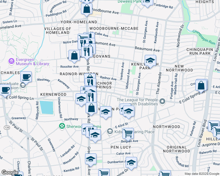 map of restaurants, bars, coffee shops, grocery stores, and more near 709 Richwood Avenue in Baltimore