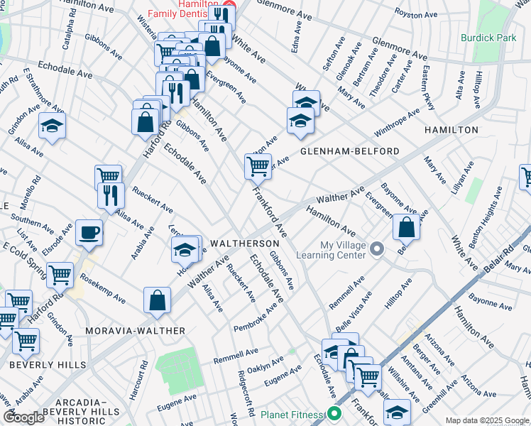map of restaurants, bars, coffee shops, grocery stores, and more near 3503 Frankford Avenue in Baltimore