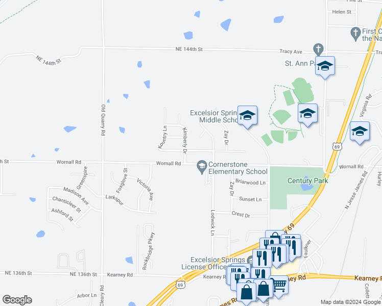 map of restaurants, bars, coffee shops, grocery stores, and more near 1913 Karlton Way in Excelsior Springs