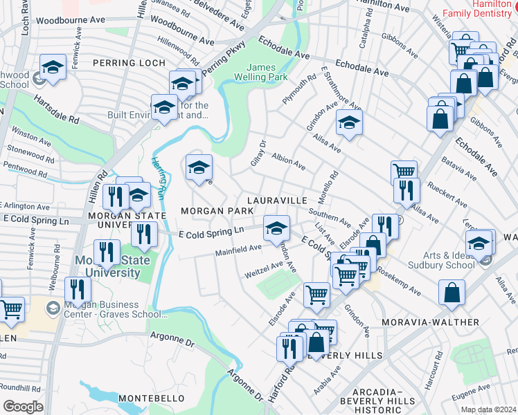 map of restaurants, bars, coffee shops, grocery stores, and more near 4709 Pilgrim Road in Baltimore