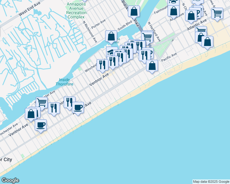 map of restaurants, bars, coffee shops, grocery stores, and more near 106 South Raleigh Avenue in Atlantic City