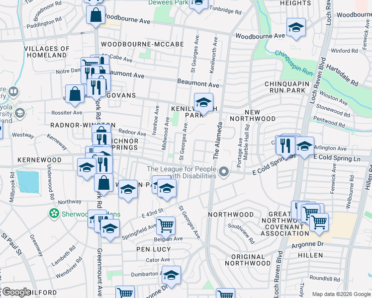 map of restaurants, bars, coffee shops, grocery stores, and more near 4525 Saint Georges Avenue in Baltimore