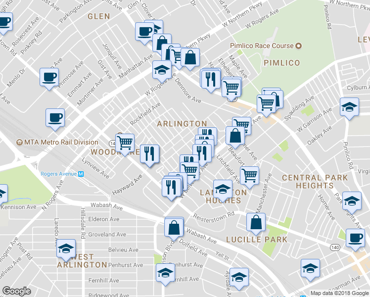 map of restaurants, bars, coffee shops, grocery stores, and more near 5264 Cordelia Avenue in Baltimore