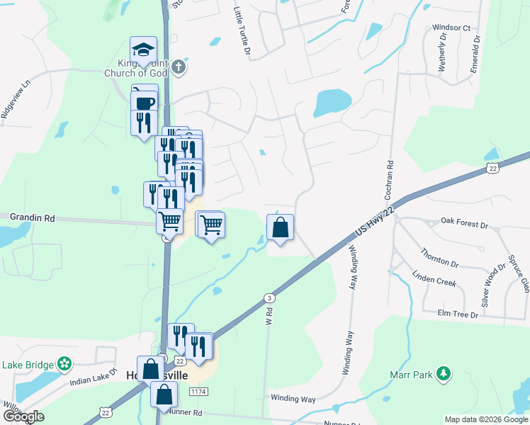 map of restaurants, bars, coffee shops, grocery stores, and more near 265 Red Cedar Court in Maineville