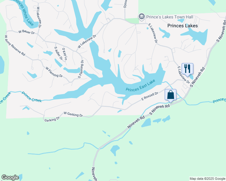 map of restaurants, bars, coffee shops, grocery stores, and more near 8784 South Slevins Drive in Princes Lakes