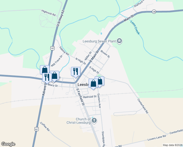 map of restaurants, bars, coffee shops, grocery stores, and more near 216 South Street in Leesburg