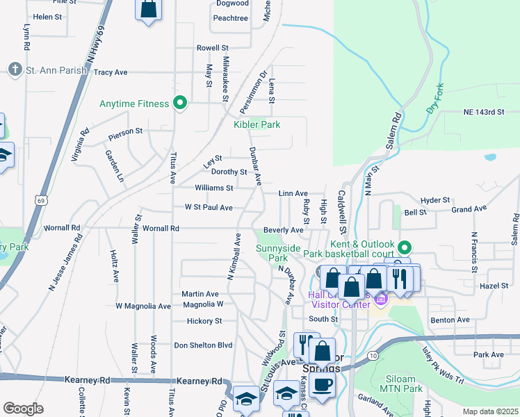 map of restaurants, bars, coffee shops, grocery stores, and more near 600 Dunbar Street in Excelsior Springs