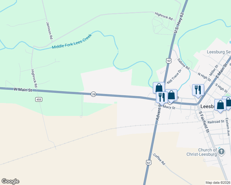 map of restaurants, bars, coffee shops, grocery stores, and more near 484 West Main Street in Leesburg