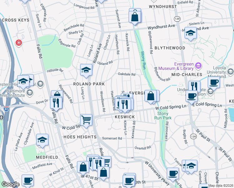 map of restaurants, bars, coffee shops, grocery stores, and more near 203 Maynadier Road in Baltimore
