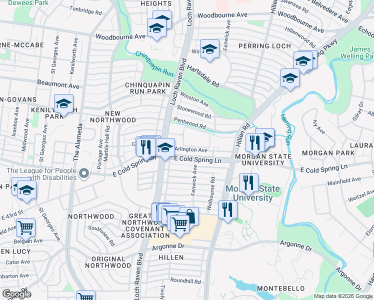 map of restaurants, bars, coffee shops, grocery stores, and more near 1526 East Arlington Avenue in Baltimore