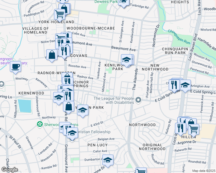 map of restaurants, bars, coffee shops, grocery stores, and more near 4726 Kimberleigh Road in Baltimore