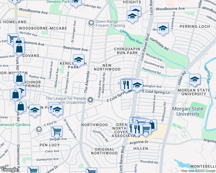 map of restaurants, bars, coffee shops, grocery stores, and more near 4536 Northwood Dr in Baltimore