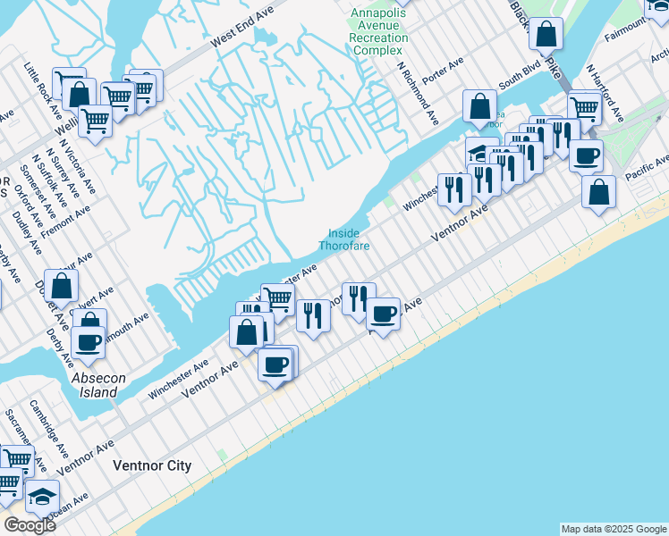 map of restaurants, bars, coffee shops, grocery stores, and more near 23 North Vassar Square in Ventnor City