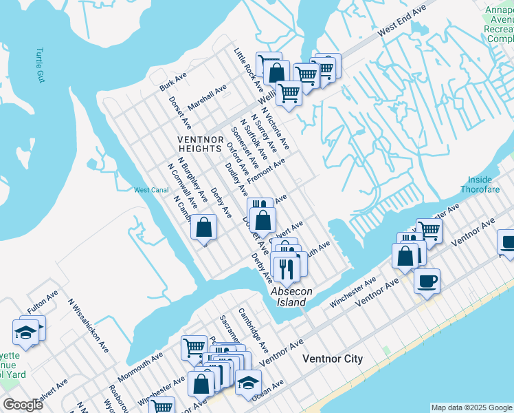 map of restaurants, bars, coffee shops, grocery stores, and more near 403 North Dudley Avenue in Ventnor City