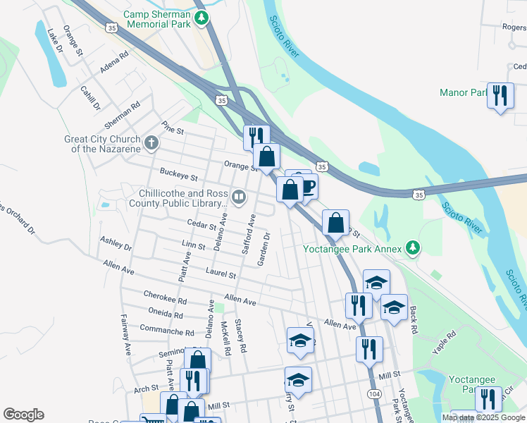 map of restaurants, bars, coffee shops, grocery stores, and more near 483 Caroline Drive in Chillicothe