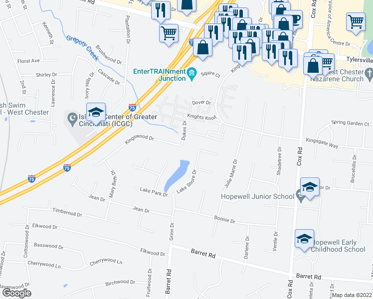 map of restaurants, bars, coffee shops, grocery stores, and more near 8174 Dukes Drive in Butler County