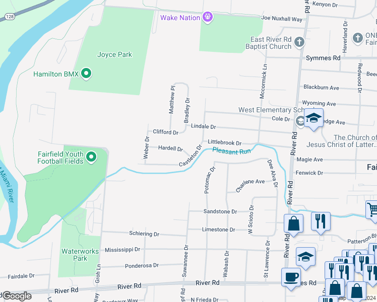 map of restaurants, bars, coffee shops, grocery stores, and more near 4880 Hardell Drive in Fairfield