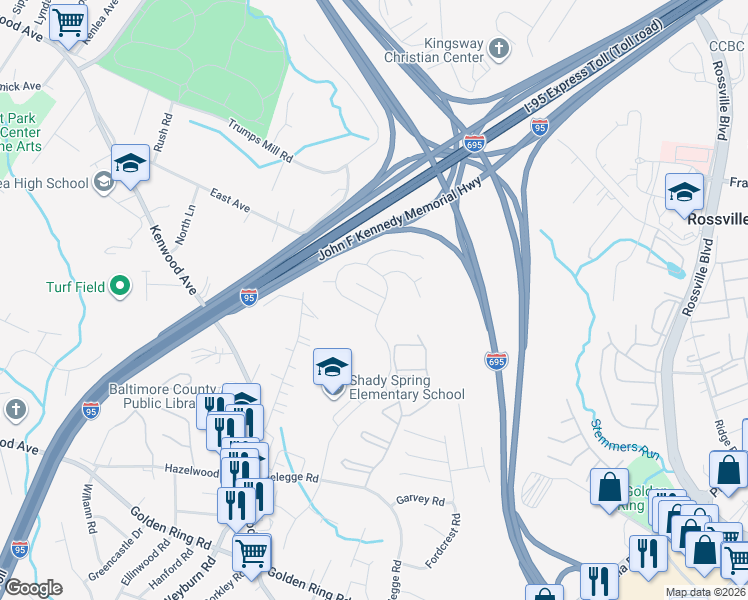 map of restaurants, bars, coffee shops, grocery stores, and more near 3 Brafferton Way in Rosedale