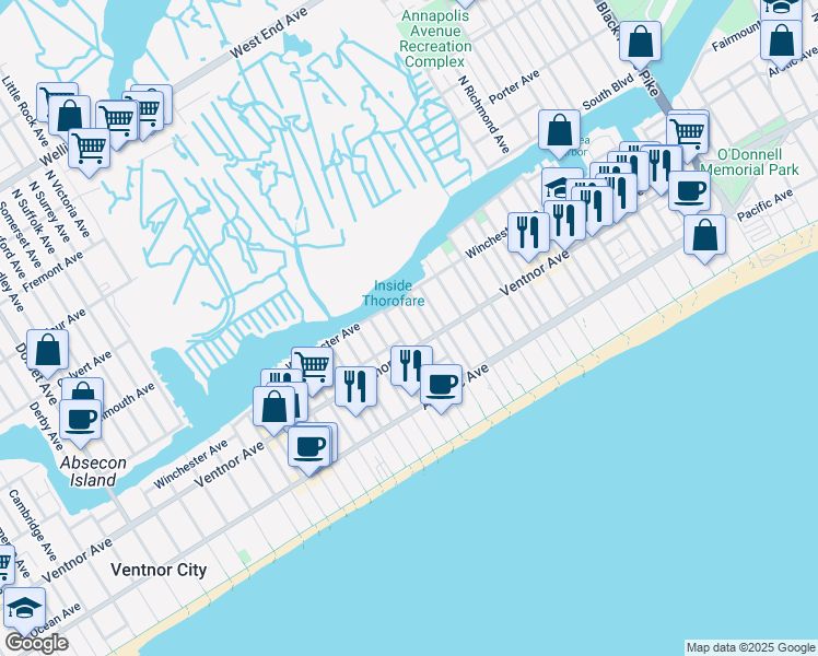 map of restaurants, bars, coffee shops, grocery stores, and more near 3 Newton Avenue in Atlantic City