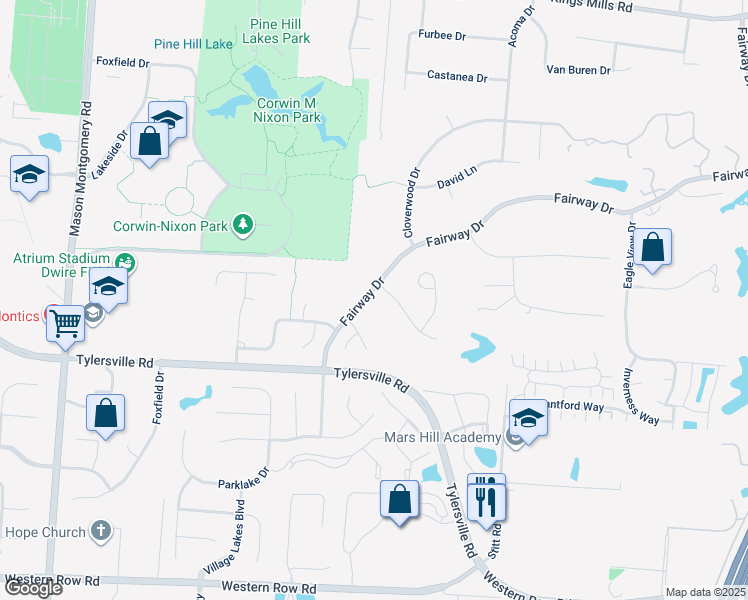 map of restaurants, bars, coffee shops, grocery stores, and more near 6314 Fairway Drive in Mason